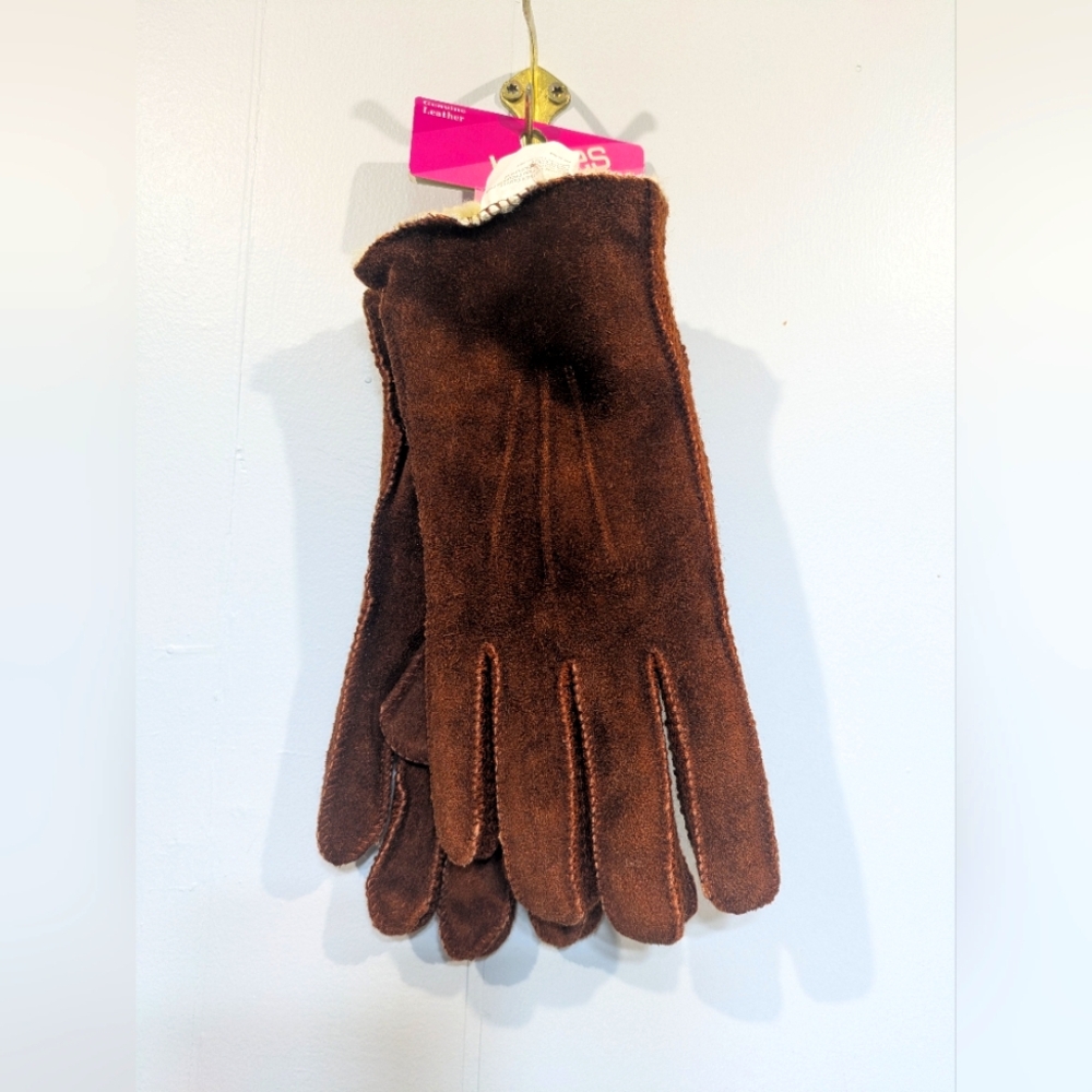 Leather Gloves In Brown Vintage Faux Fur Lined